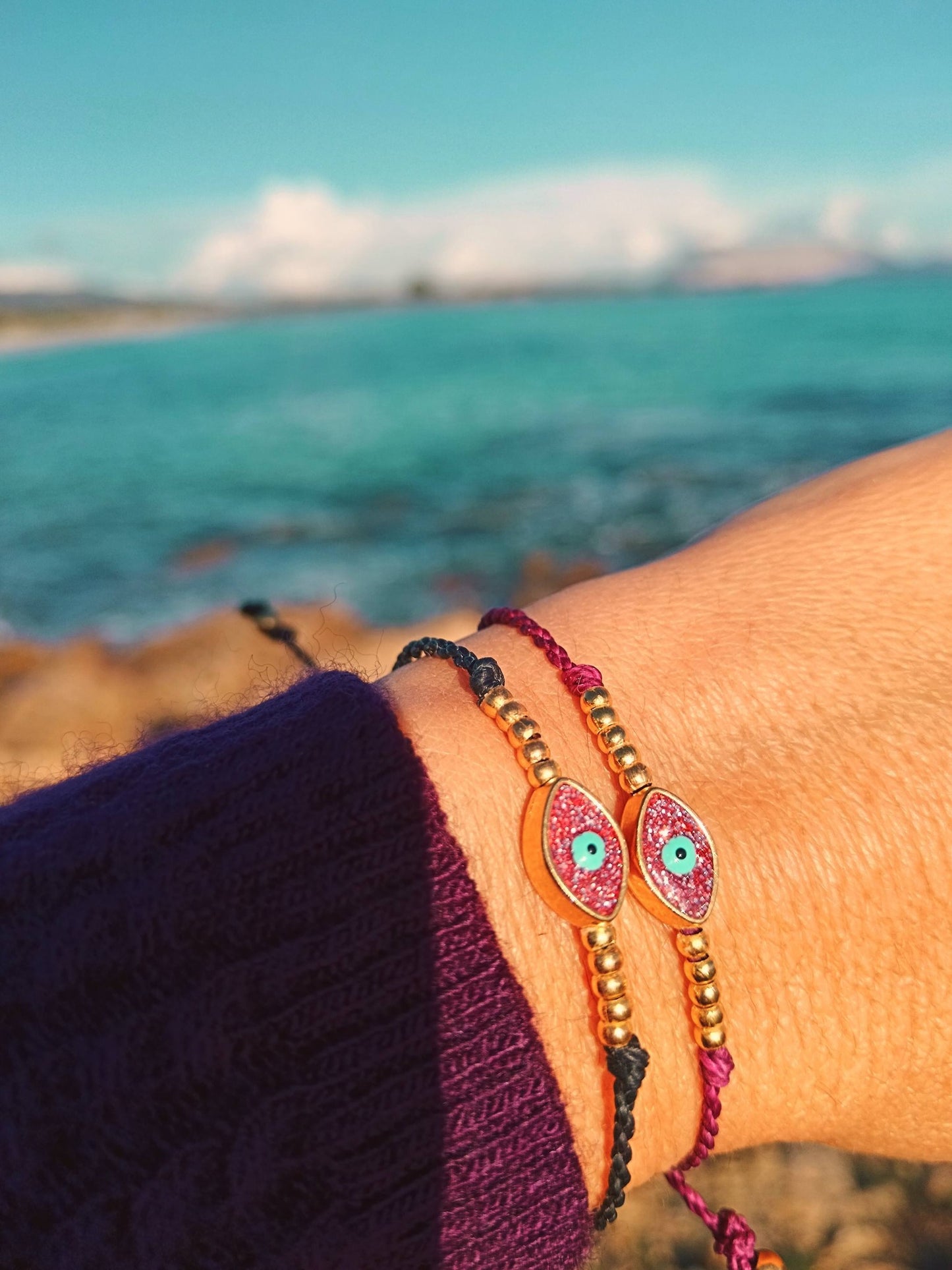 Amuleto da viaggio in macramè con Occhio Turco glitter