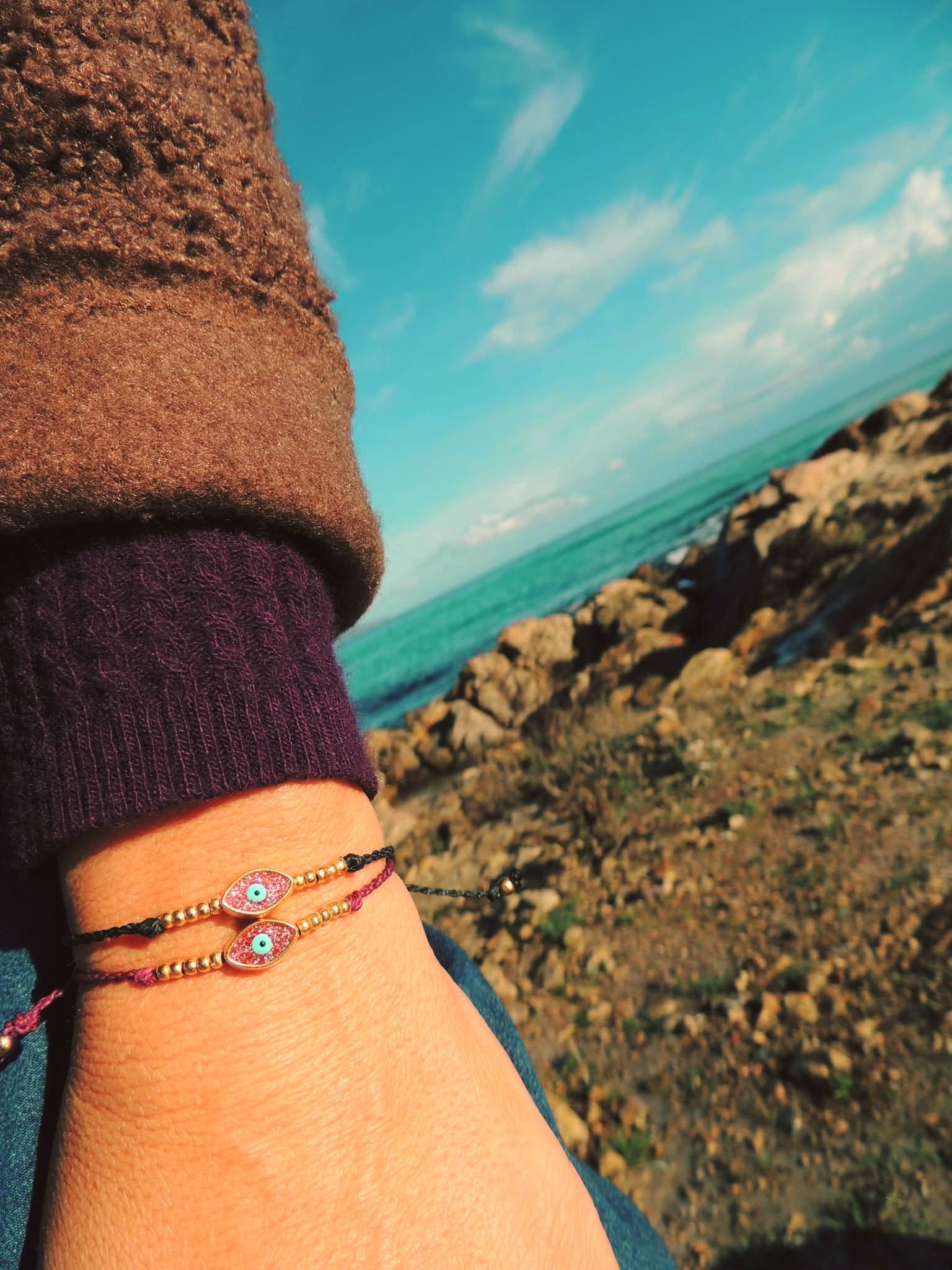 Amuleto da viaggio in macramè con Occhio Turco glitter